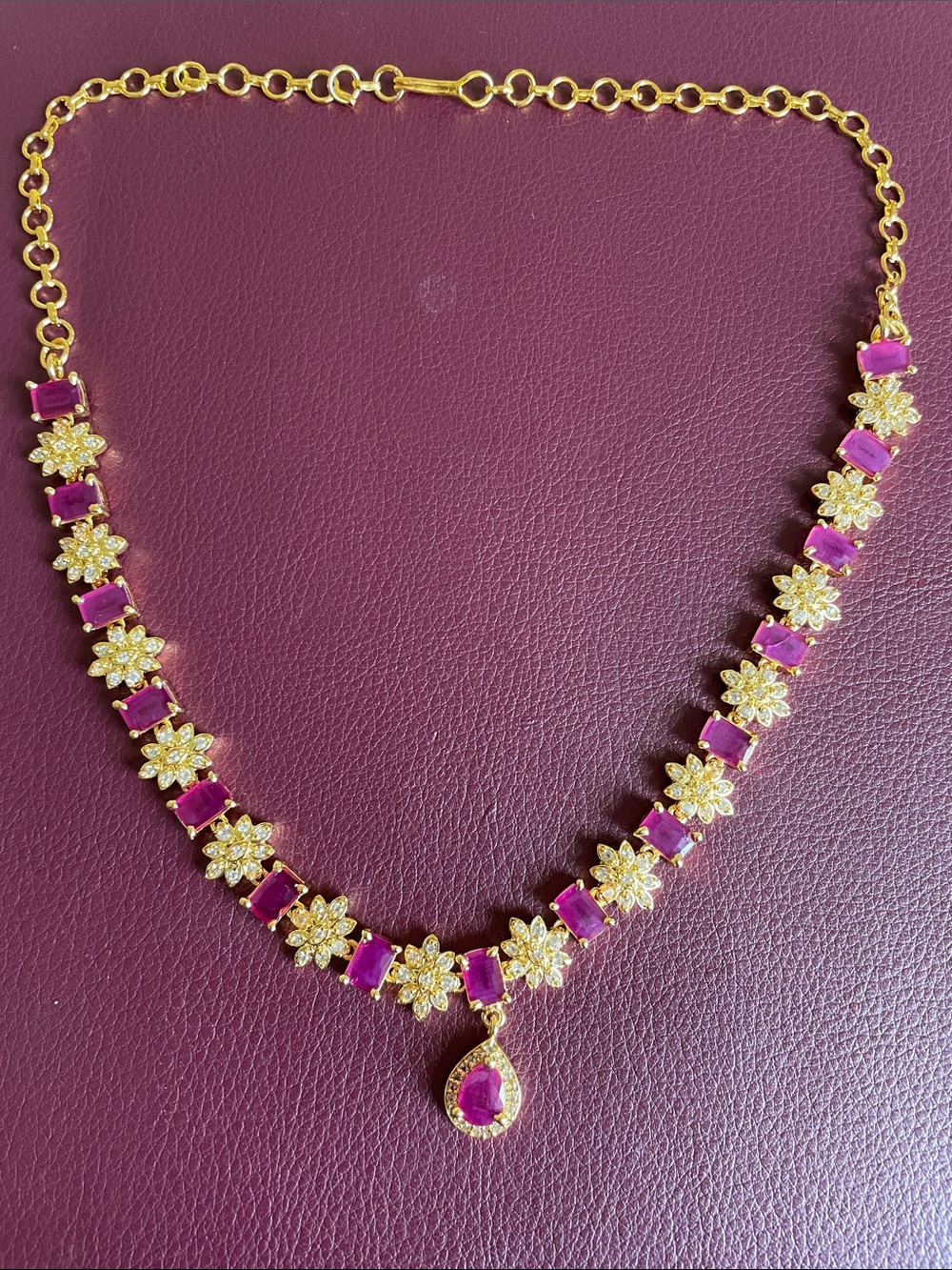Gold-Tone Floral Necklace with Pink Gem Accents